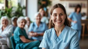 Older adult reviews a household budget beside a family caregiver at a kitchen table.